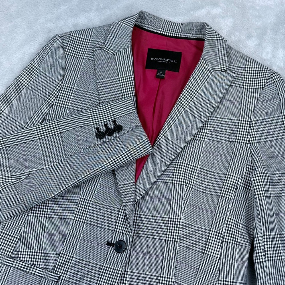 Banana Republic Classic Fit Blazer Womens 0 Glen Plaid Check Black White Jacket